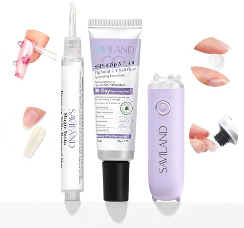 SAVILAND Pro Solid Nail Glue & Remover Kit, 30 Days Long Wear Extra Strong Adhesive for Press on Nails with U V Lamp & 3ml Fast Nail Glue Remover Pen for False Nails Removal