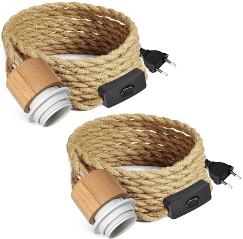 2 Pezzi Portalampada E27 con Interruttore e Spina, 500 CM Cavo per Lampada in Corda, Lampada Corda di Canapa, Kit Cavo a Corda per Lampadario, Vintage Vento Industriale, Adatto Interni