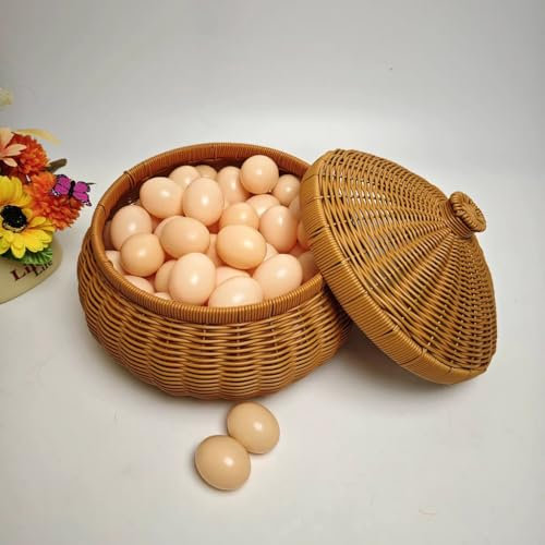 SOYDAN Woven Basket With Lid, Handmade Rattan Egg And Vegetable Basket, Food Keeper Farmhouse Basket Egg Bread Onion Garlic(25 * 22cm)