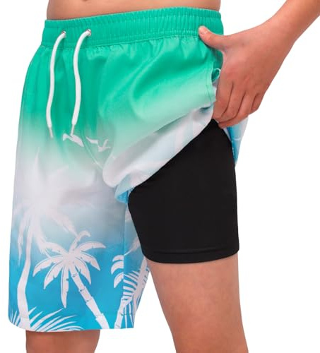 MEILONGER Pojkar Barn Kompression Snabbtorkande Kort Boardshorts med Fickor Dragsko Justerbar Strand Sport Pool Simdräkt, Grön Vit Blunero, 18 anni