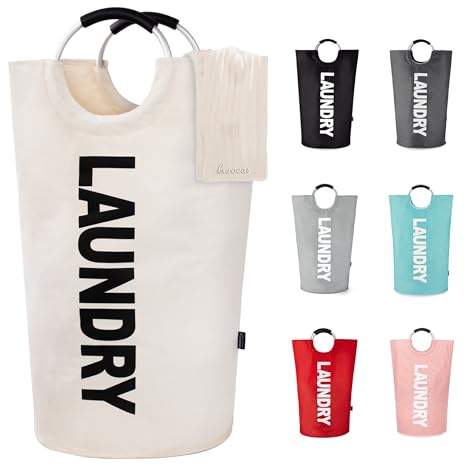 Caroeas 90L Collapsible Laundry Basket, Waterproof Laundry Bag (8 Colors) for Baby, Large Washing Basket with Padded Handles Stands Up Well for Easy Storage, Beige