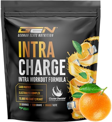 Intra Charge Workout Drink 1,2 kg - Complexe hautement dosé avec Cluster Dextrin®, 9 EAA et BCAA essentiels, L-glutamine, L-glycine, taurine, matrice d'électrolytes - végétalien (Orange)