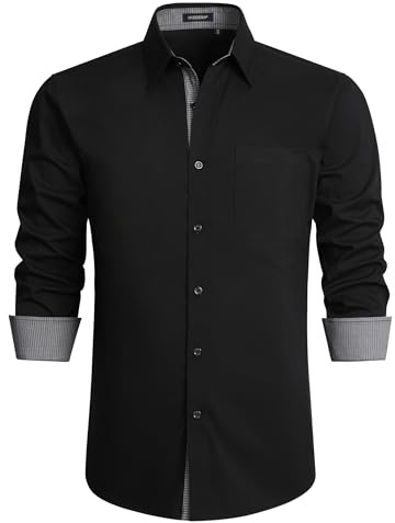 HISDERN Mens Black Shirt Long Sleeve Button Down Stretch Smart Dress Shirt for Men Adult Regular Fit Designer Formal Business Wedding Non Iron with Pockets,Black,M