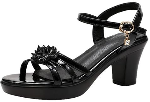 Sandali da donna con plateau e cinturino alla caviglia, punta aperta, tacco medio, con cinturino alla caviglia, eleganti per matrimoni, affari, uso quotidiano, scarpe casual da donna, Nero , 38 2/3 EU