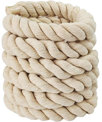 Natural White Cotton Rope 4/5 inch x 10 ft,Tug of War Rope,Strong Triple-Strand Rop Twisted Cotton Ropes for DIY Crafts Decoration,Swing,Tug of War,Pet Toys