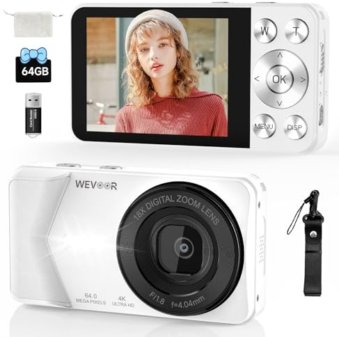 Appareil photo numérique 4K, appareil photo numérique 64 MP avec autofocus, zoom 18x, 20 filtres, carte SD 64 Go, batterie 2000 mAh, écran de 7,1 cm, petite caméra de vlogging compacte pour débutants