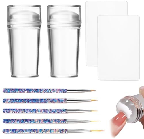 2 Sets Nagelstempel Nail Stamp Klare Silikon French Nails Stempel French Nail Art Stamper Kit Nail Stamper Nagel Stempel mit Schaber Nagel Pinsel für Französische Maniküre Home DIY Nail 5 Stück Pinsel