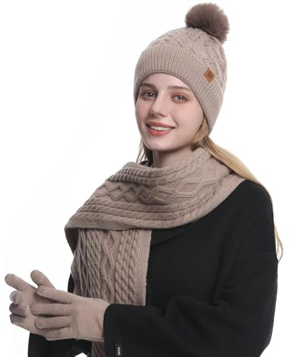 MAZELIKEHOOD Set Sciarpa Cappello Guanti Donna Inverno Caldo Cappello di Bobble con Sciarpa a Maglia e Guanti Tessuto Morbido e Comodo Moda Accessori Invernale Ideale per Regalo di Natale