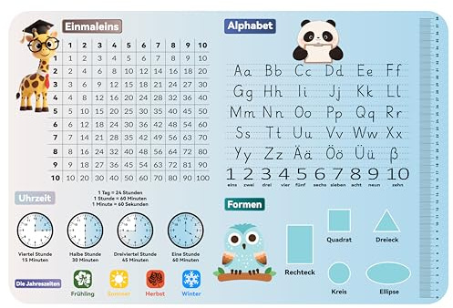 Marsred Schreibtischunterlage für Kinder, Leder Lernunterlage mit Alphabet，60 x 40 cm Mauspad,Abwischbar PU-Leder,ABC, Einmaleins, Uhrzeit,Formen Lernhilfe, Schreibtischmatte Rutschfest