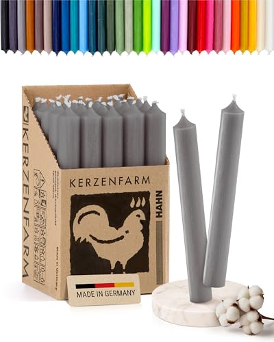 Stabkerzen 10 Stück, 18cm x 2,2cm, Premium Qualität - Deutsche Manufaktur, Kerzenfarm Hahn - lange Brenndauer (8+ Stunden) RAL-Zertifiziert, durchgefärbte Spitzkerzen (Grau)