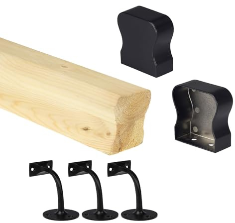 Pine HR Wall Mounted Handrail Kit – Unfinished Pine Handrail with End Caps & Wall Brackets – 58mm x 58mm – 2400mm / 3600mm / 4200mm (Black, 2400mm)
