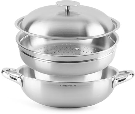 CHEFWIN 316 Stainless Steel 11-Inch 4.5 Quart Heavy Duty Wok pan with Lid and Steamer, Stir Fry Pan, 5Ply, Induction Cookware, Dishwasher Safe, Oven Safe