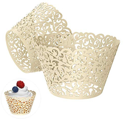 Gospire 50 pcs Pearl Lace Filigree Wedding Cupcake Wrapper Baking Cake Cups Wraps Party Decoration Laser Cut (Titanium White)