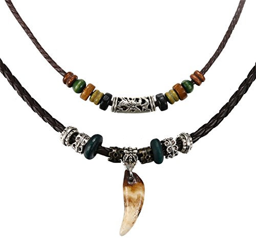 JewelryWe Schmuck Herren Halskette, Doppelte Leder Kette geflochten verstellbar mit Retro Wolf Gebiss Zahn Anhänger Kugel Perlen Beads, Schwarz Mehrfarbig