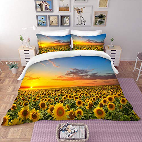 Treer Set di Biancheria da Letto di Matrimoniale Bambini 3D Girasole Stampa Digitale, Set Copripiumino 3 Pezzi in Microfibra con Chiusura e Federa a Cerniera (220x240cm,Afterglow)