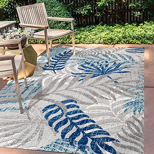 JONATHAN Y AMC100A-9 TROPICI Foglie di palma foglie interni tappeti per esterni, costieri, contemporanea, camera da letto, cucina, cortile, patio, non spargimento, grigio/blu, 270 cm X 370 cm