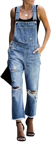 luvamia Flexclusive Women's Casual Distressed Overalls Adjustable Denim Bib Jumpsuits for Women Jean Overalls Pants Trendy Jumpsuits Blue Size Medium