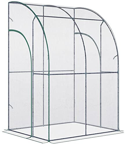 Outsunny Walk-In Greenhouse with Zipped Roll Up Doors, Lean-to Small Greenhouse with Plastic Cover and Sloping Top for Flowers, Vegetables and Herbs, 143cm x 118cm x 212cm, Clear