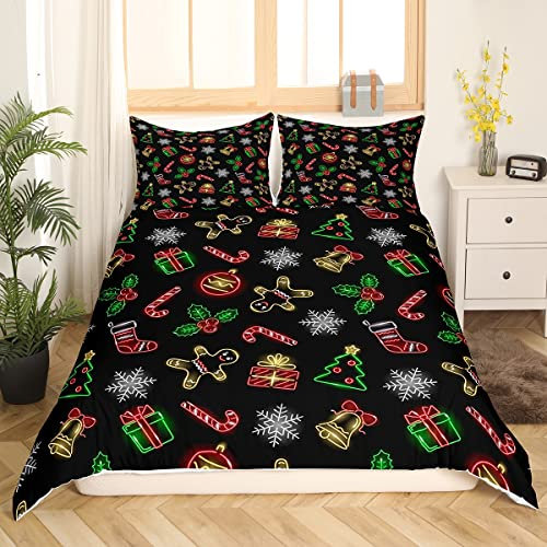 Weihnachten Bettwäsche 200 x 200 Niedliche Schneeflocken Bettwäsche Set Lebkuchen Glocke Bettbezug Glühende Weihnachten Geschenke Bettbezug Fest Thema Bettwäsche für Kinder Jungen Mädchen,3 Stück