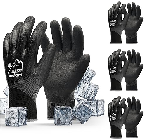 toolant Waterproof Winter Work Gloves, Double Nitrile Oil Resistant Grip | Thermal Insulation, Waterproof Protection in Freezer Work, Construction, Mechanics, Mining, Plumbing, 3 Pairs, Black,XX-Large