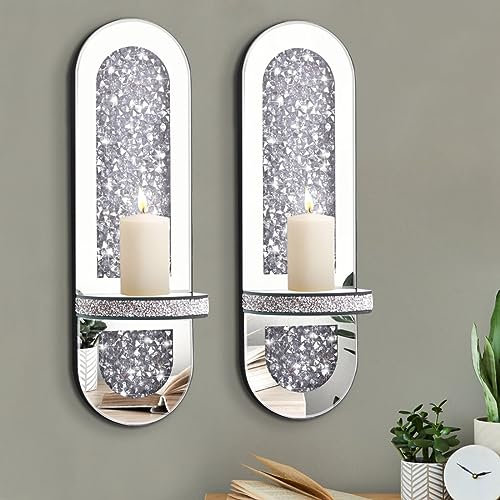 Azonsdop Silver Mirrored Candle Sconces, 2 Pack Crystal Candle Holders with Acrylic Crushed Diamond, Wall Decorations for Living Room，Dining Room, Home Décor