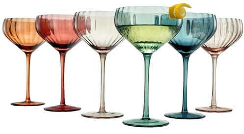 Khen | Vintage Tulip Shaped Coupe Glasses - Martini, Cocktail & Champagne Ribbed Glasses 12oz | Set of 6 | Elegant Pastel Muted Colored Crystal Cocktail Glassware,Stemmed Ripple Glassware