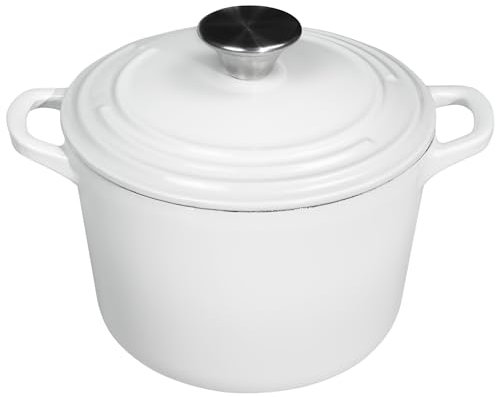 Flavehc Olla holandesa con tapa, 2.8 cuartos de galón, horno holandés de hierro fundido esmaltado blanco para hornear pan, olla de arroz de hierro fundido esmaltado blanco con asas