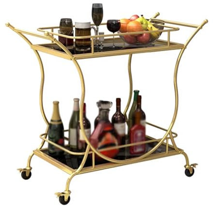 Barwagen für zu Hause 2-stöckiger Weinbar-Servierwagen for zu Hause, Weinwagen, rollender Barwagen mit Rädern, Griff, Weinregal aus Metall und Glas, for Küche, Club, Wohnzimmer, Bar, Restaurant Mobile