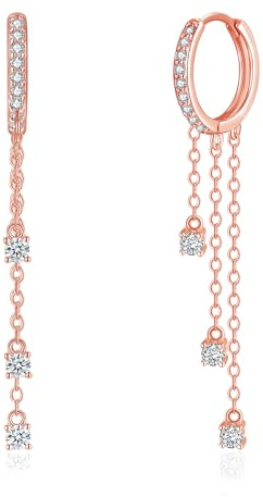 Loutade Silver Hoop Earrings Chain for Women, 925 Sterling Silver Hoop Earrings with Tassel Chain Dangle Earrings Rose Gold, Dainty Cartilage Sleeper CZ Drop Chain Hoop Earrings Rose Gold for Girls