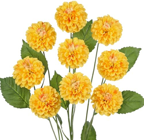 Hollyone Lot de 3 branches de dahlias artificielles jaunes avec 9 têtes de fleurs, arrangement floral dahlia, longue tige, fausse fleur pour vase, table, centre de table, décoration de mariage