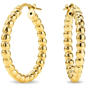 Miore 18ct Gold Plated 925 Sterling Silver Earrings for Women, Beads Tube Shiny Gold Hoops Round 20 mm, Hypoallergenic Earrings, Handmade in Italy, Delivered in Jewellery Box