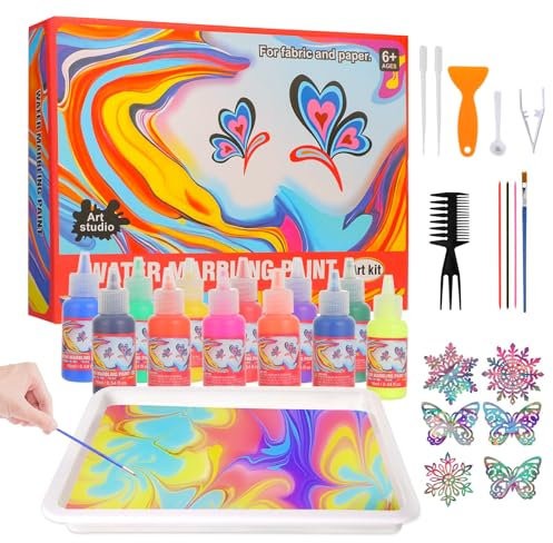 CRESZZLE Set de Peinture Marbling pour Enfants, Atelier creatif enfant, Peinture à l'Eau pour Projets Artistiques, Kit DIY pour Enfants, Idéal comme Cadeau pour Filles et Garçons