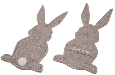 Kunstgewerbe Gehlmann GmbH & Co.KG Filz Hase Bestecktasche 'Frohe Ostern' Puschelschwanz Beige Taupe Tischdeko Küche 24cm 2 Stück