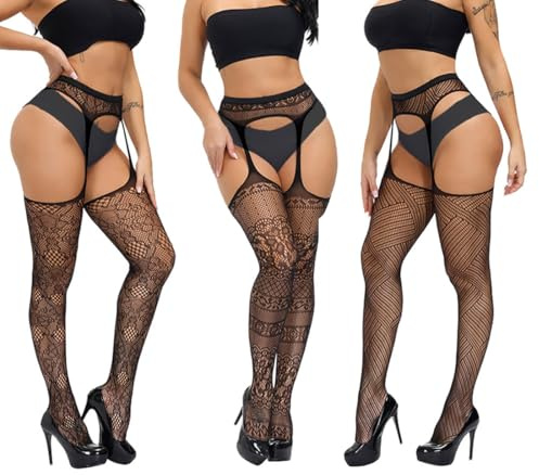 Talla Grande Medias Liguero Sexy Mujer Medias, 3 Pares de Medias con Liguero Altas de Tirantes, De Encaje Ajustables Medias De Red Liguero Cintura, Rejilla Elástica Conjunto Lencería Femenina Ropa