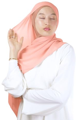 Hijab - Cappuccio integrato in crepe di lusso per donna musulmana velata scialle islamico velato HE210, pesca, Taglia unica