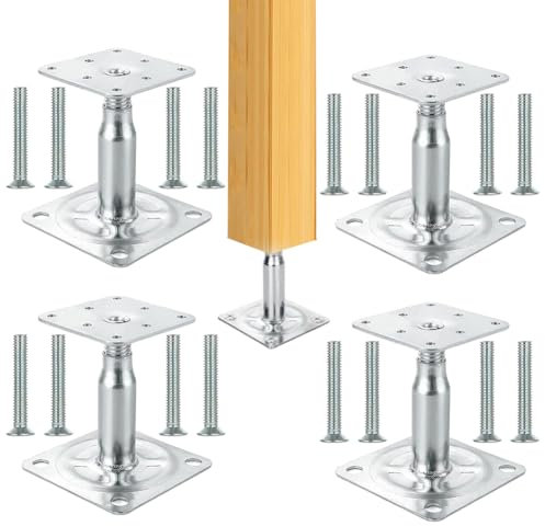 4er Set Pfostenträger höhenverstellbar 100–150 mm, Verzinkter Pfostenschuh zum Aufschrauben, Oberplatte: 75 x 75 x 3 mm Stützenfuß für Carports, Pergolen, Bauarbeiten Verstellbarer Unterregal 38-70 cm