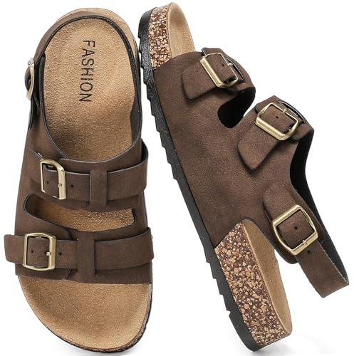 Jifenkla Pantoletten Sandalen Damen Mit Kork Fußbett Schlappen Sommer Verstellbaren Riemen Hausschuhe Sandalens Herren Rutschfest Latschen Gummisohle Bequeme Schuhe für Trekking Sandaletten