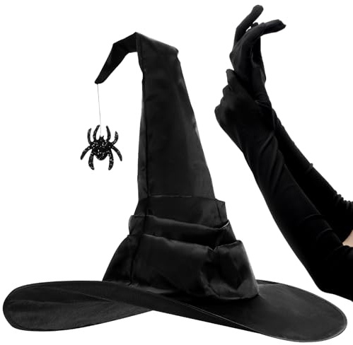 GONNCZ Hexenhut und Handschuhe für Halloween und Karneval, schwarze Hexenkostüm-Accessoires für Frauen, Satin-Hut mit Glitzer-Spinne und 45 cm langen Stretch-Handschuhen
