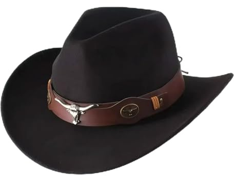Black Cowboy Hat for Men & Women, Adjustable Western Cowboy Hat with Wide Brim, Unisex Adult Felt Cowgirl Hat for Outdoor Riding, Halloween Cosplay Costume Photo Prop