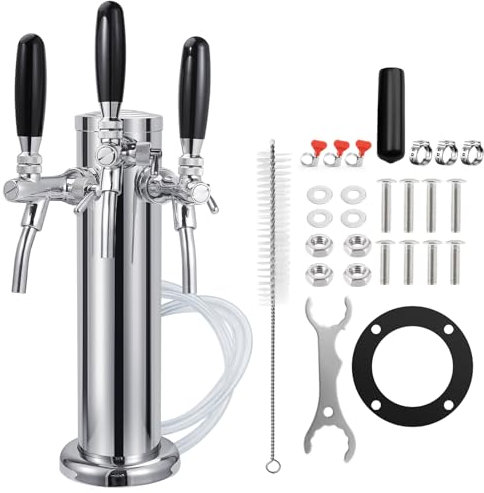 3'' Flow Adjustable Triple-Tap Kegerator Tower 304 Stainless Beer Tap Tower, Self-Closing Beer Faucet Keg Tower Flow Control Draft Beer Tap Dispenser, Pre-Assembled Beer Line Kegerator Tap Tower Parts