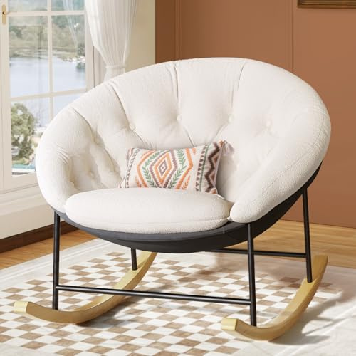 Kidirect Saucer Rocking Chair Nursery, Modern Upholstered Nursery Rocking Chairs and Round Comfy Chair with Cozy Cushion, Comfy Papasan Nursing Chairs for Reading, Fits Living Room &Bedroom &Classroom