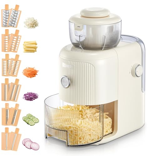 FOHERE Râpe électrique multifonctionnelle, 6 lames, récipient 1,8 L, hachoir à légumes, fromage, oignons, carottes, concombres, blanc