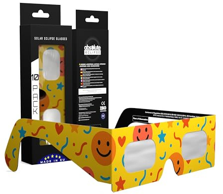 Absolute Eclipse Solförmörkelse 2026 barnglasögon för att se förmörkelsen - ISO 12312-2 CE certifierade godkända - 10-pack - rolig design - vuxna barn - europeisk AAS erkänd tillverkare