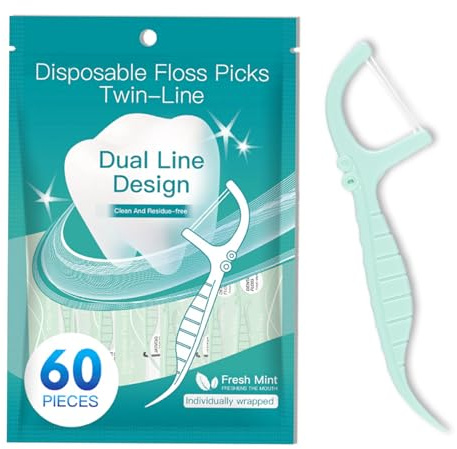 60 Fil Dentaire à Deux Brins à la Menthe pour les Soins Dentaires (Emballés Individuellement) - Fil dentaire avec manche pour Éliminer la Plaque Dentaire et les Résidus Alimentaires