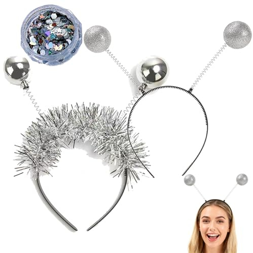 Amazleer Alien Haarreif mit Glitzerkugeln, Silber, Holografischer Glitter, Kostümparty Kopfschmuck für Karneval, Halloween, Fasching, Weltall-Kostüm