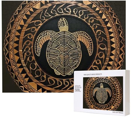 500 Teile Puzzle mit Aufbewahrungsbox, Hawaii-Tapa-Honu-Schildkröte, bedrucktes Holzpuzzle 52 x 38 cm, für Erwachsene, Kinder, Familie, lustiges dekoratives Spiel