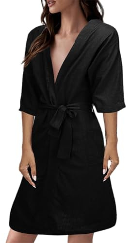 Peignoirs de bain courts en tissu éponge pour femme – Robe de chambre à manches courtes pour femme – Peignoir de bain léger grande taille pour sécher après la douche, pyjama confortable, Noir , S
