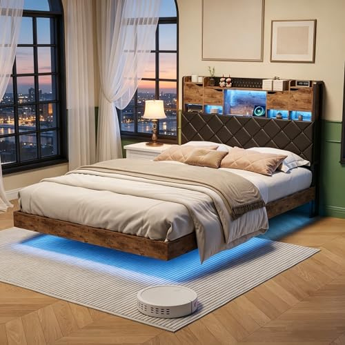 BRILVERDE Jugendbett 160x200 mit LED/USB, Schwebebett mit Kopfteil und Lattenrost, Plattformbett, Bettgestell für Teenager, PU (Schwarz, 160 x 200 cm)