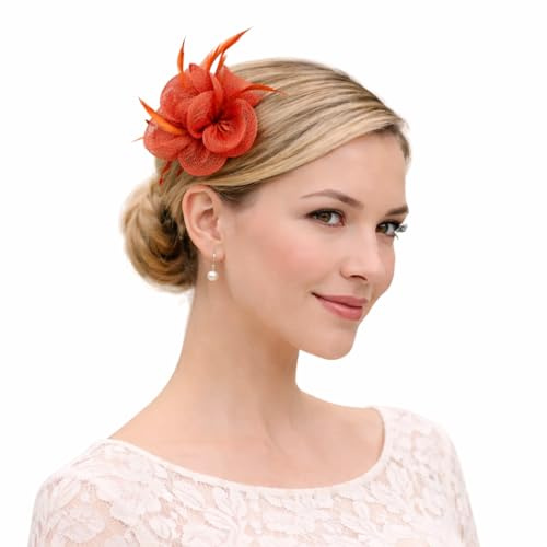 Finecy In New Women Ladies Small Flower Feather Fascinator Brooch Clip Party Royal Ascot Wedding Race New (Burnt Orange)