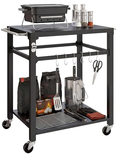 Outsunny Carrello per barbecue a 2 ripiani, con superficie in metallo, gancio, maniglia, carrello da portata mobile, per barbecue, 90,5 x 55 x 88 cm, colore nero